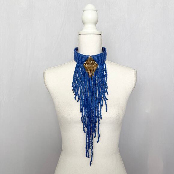 Blue Beaded Fringe Choker Necklace Boho Statement Jewelry - Picture 1 of 6